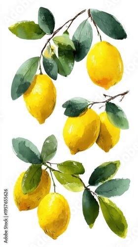 Multiple lemon clusters watercolor branches on white background