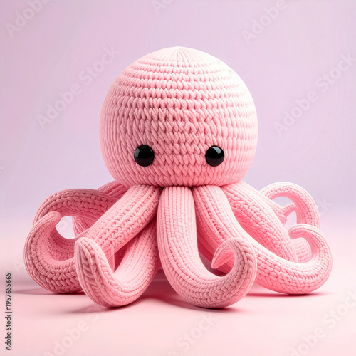 A charming handmade pink crocheted octopus soft toy, an adorable stuffed animal for children, isolated on a pastel pink background. Cute character with big black eyes and curly tentacles.