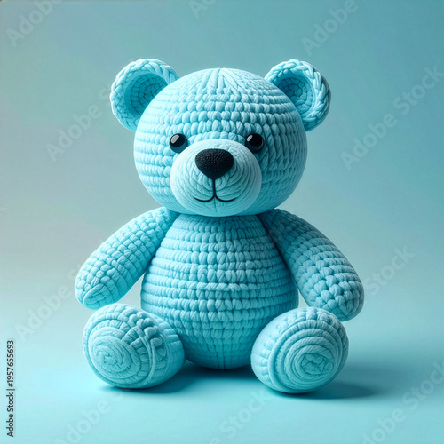 A cute handmade blue crocheted teddy bear soft toy. An adorable stuffed animal for children, isolated on a pastel blue background, sitting. Perfect for a baby boy's gift or nursery decor.