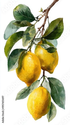 Lemon tree branch bearing ripe yellow fruit on white backdrop