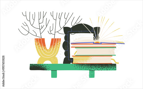 Book shelves. Home library collection on bookshelf. Stacks of books, vase with branch and decorative frame.