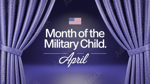 Month of the Military Child April Stage Graphic with Purple Starred Curtains and USA Flag Icon for Award Ceremonies and Events