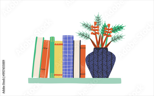 Book shelves. Home library collection on bookshelf. Stacks of books and vase with plants.