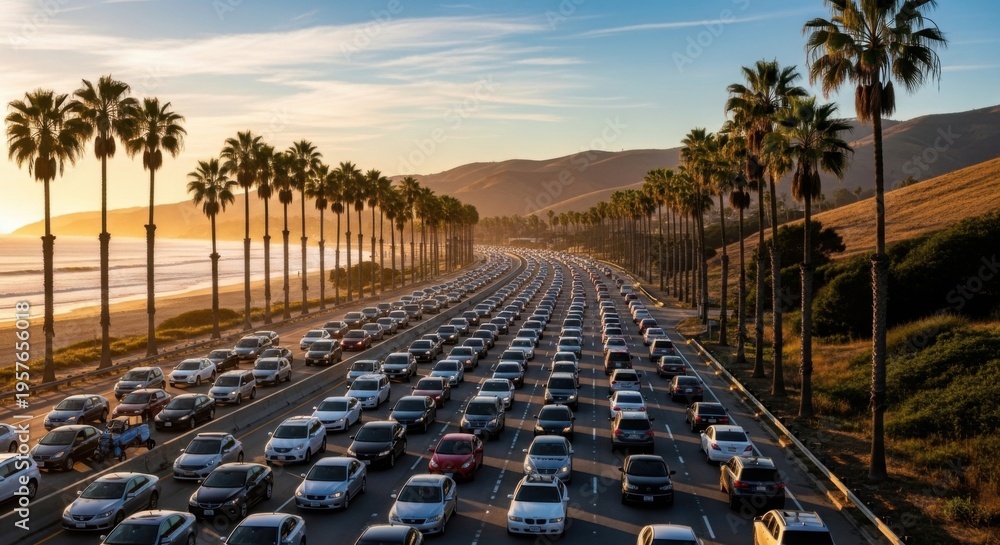 Fototapeta premium Coastal Highway Congestion Underneath Palm Trees At Sunset