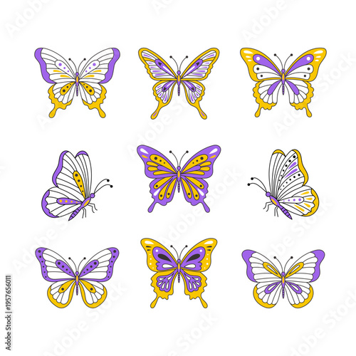 Vector collection of colorful butterflies in flat line art style. Set of purple and yellow butterfly icons isolated on white background.