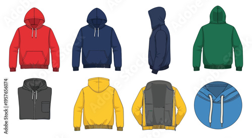 Assortment of colorful hoodies and sweatshirts displayed in a flat lay style