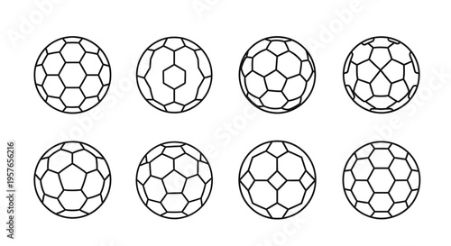 Eight line art depictions of soccer balls with varying panel arrangements