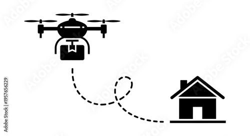 Black Silhouette Icon of a Quadcopter Carrying a Package to a Residential House, Featuring a Dotted Flight Path Line for Logistics and Smart City Technology.