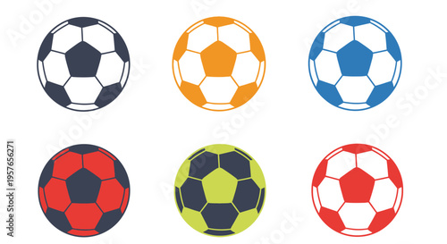 Six colorful soccer balls arranged in two rows on a white background