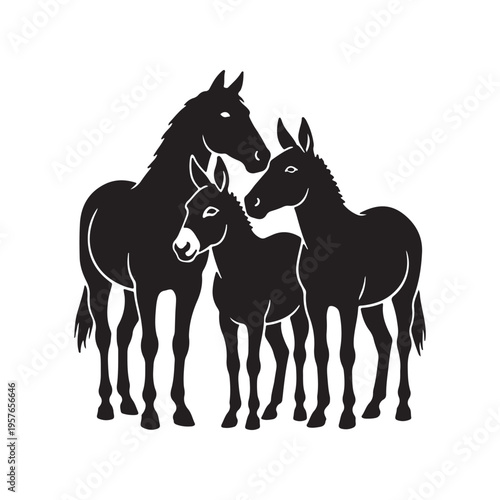 Donkey Horse Family Silhouette Logo Black White Vector