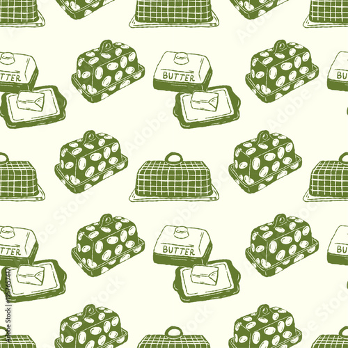 Butter dairy seamless pattern with vintage kitchen objects hand drawn