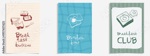 Breakfast toast poster set with fried egg and butter in hand drawn vintage style