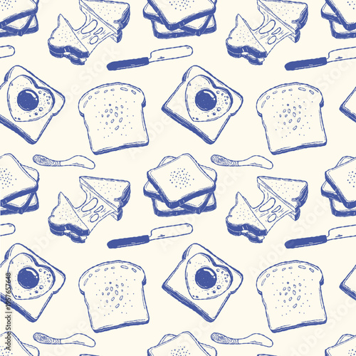 Breakfast toast seamless pattern with egg sandwiches and butter knife doodle style