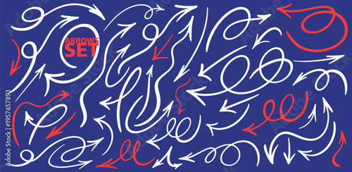 Doodle spiral red and  white arrows set. Design quirky twist line, curve wave arrow. Sketch arrow design for business plan, education. Hand drawn circle arrow, rotate arrow, redo process symbol.