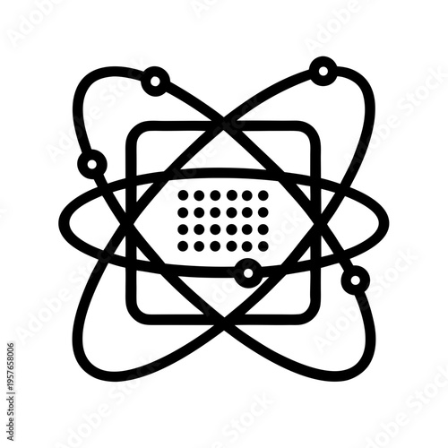 Atom orbit computer chip icon quantum computing technology outline
