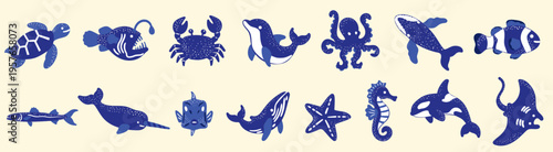 marine animals and sea creatures vector elements hand drawn fish turtle whale crab octopus stingray seahorse for educational posters and stickers