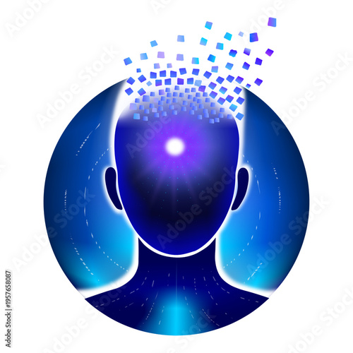 A silhouette of a person with a bright light in their consciousness and scattering pixels symbolizes the flow of information, awareness, neural connections and integration with artificial intelligence