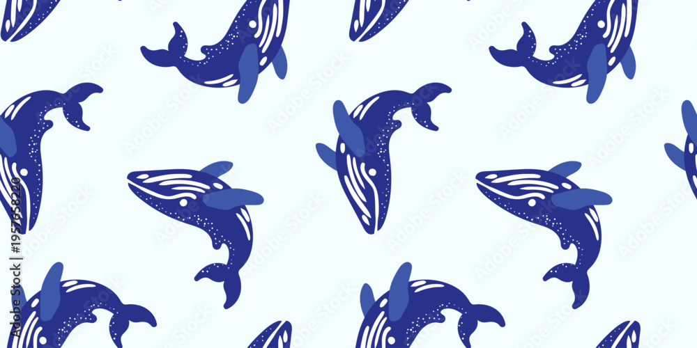 Fototapeta premium seamless pattern with hand drawn blue whale illustrations on white background for marine textile nursery decor and wrapping paper