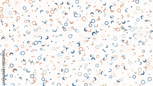 Abstract pattern seamless background with playful organic circles, crescent moons, and dots in a modern scattered style, featuring muted blue, peach, and beige colors on a clean off-white canvas for c