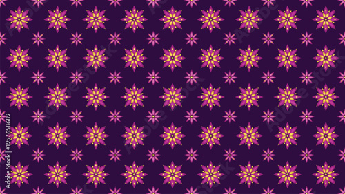 Seamless pattern of vibrant abstract geometric floral designs with star-shaped magenta and yellow flowers on a rich deep purple background, creating a modern decorative repeating texture for textiles 