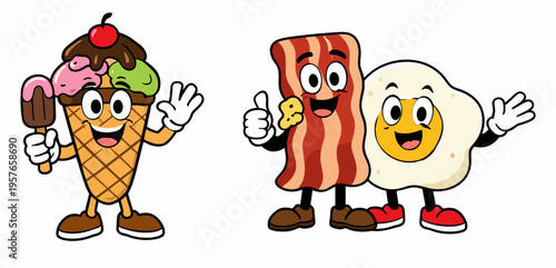 Whimsical food mascot set with ice cream cone, bacon strip, and fried egg characters. Colorful breakfast and dessert collection for menu design, stickers, and fun branding.