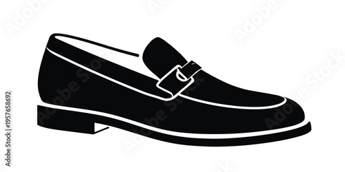 Black loafer style dress shoe with decorative strap and sleek profile, created for formal fashion branding, menswear catalogs, retail graphics, and classic footwear themes.