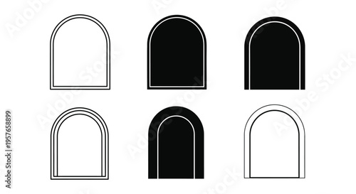 Six different rounded arch window frame icons display various styles, including solid black and thin outlines.