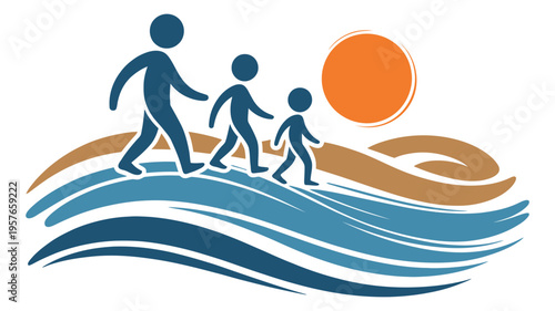 Family walking on a hill over water with sun, vector illustration, community logo concept, representing togetherness