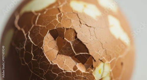 Cracked Eggshell Texture: Close-up detail of a cracked eggshell, revealing a complex network of fissures and textures, showcasing the intricate beauty of natural forms.