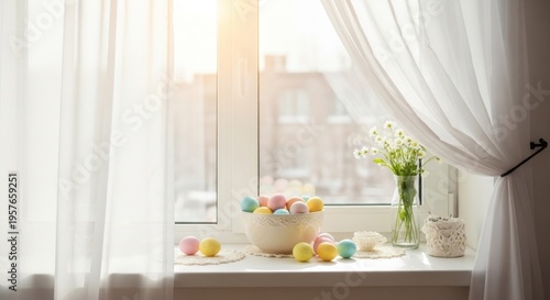 Easter Eggs in Sunshine: A bright window scene, showcasing an arrangement of colorful Easter eggs in a bowl, delicate flowers, and soft curtains bathed in the sunlight.