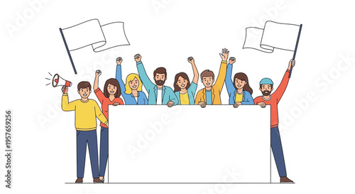 A group of diverse people hold blank signs and wave flags during a large public demonstration or enthusiastic protest event.