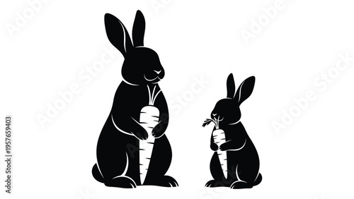 Two black silhouette rabbits each holding a carrot in a simple design