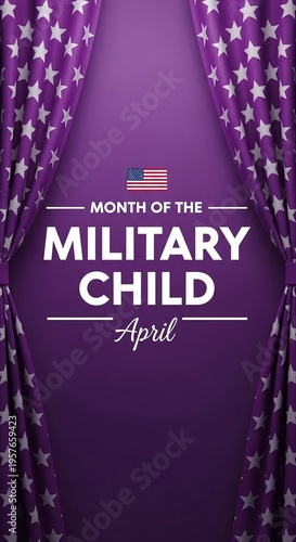 Social Media Banner for Month of the Military Child Featuring Purple Award Stage Curtains and American Flag Recognition Theme