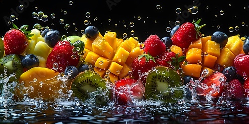 Refreshing tropical fruit juice splash with falling berries and mango
