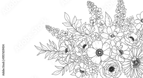 Detailed floral arrangement outline features various blooming flowers and leaves clustered in the corner.