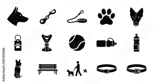 A collection of dog walking accessories and related items is shown as black icons on a white background.