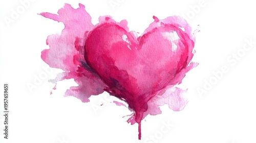 Watercolor pink heart with paint drip on white background
