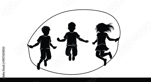 Silhouettes of three children jump rope together, forming an elliptical shape against the plain bright backdrop.