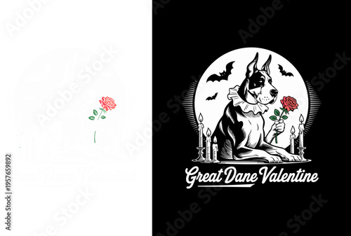 Great Dane Valentine Gothic Illustration, Hand Drawn Victorian Dog with Rose and Bats Graphic