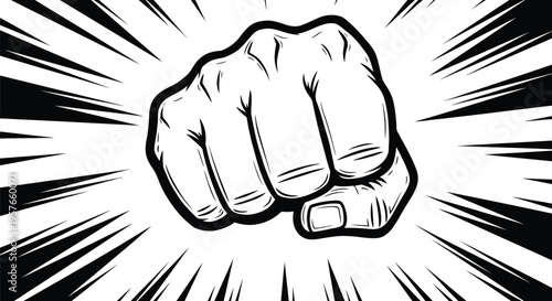 The black and white aggressive clenched fist punch illustration radiates strong power lines symbolizing impact and intense confrontation.