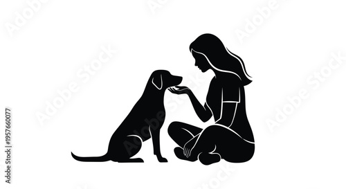 A woman sits cross-legged, offering a treat to a loyal dog silhouette, showing quiet companionship and gentle affection interaction.