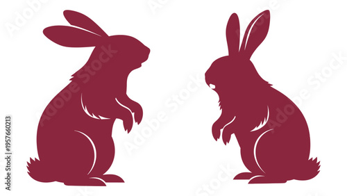 Two reddish brown rabbit silhouettes face each other in a minimalist graphic