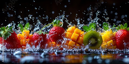 Refreshing tropical fruit juice splash with falling berries and mango