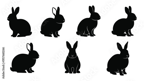 A collection of black silhouettes depicting rabbits in various seated positions