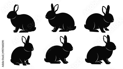 Six black silhouettes of rabbits in various seated positions high quality