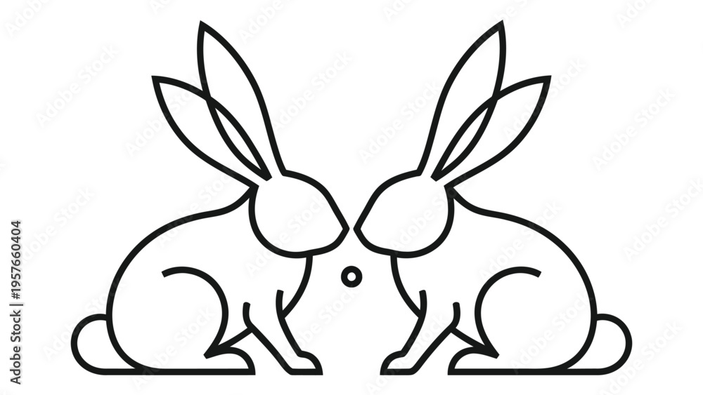 Obraz premium Two rabbits facing each other with a small object between them line art