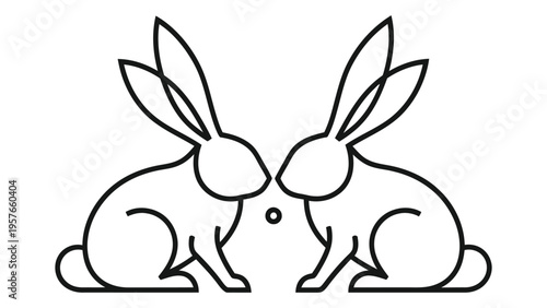 Two rabbits facing each other with a small object between them line art