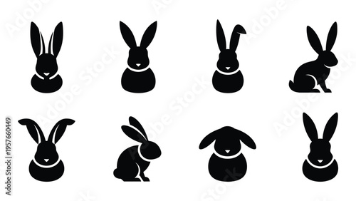 Eight black silhouettes of rabbits in various poses against a white background