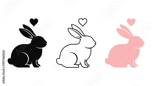 Three stylized rabbits in different colors each with a heart above their head