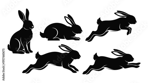 Silhouette illustration depicting multiple rabbits in various poses and activities